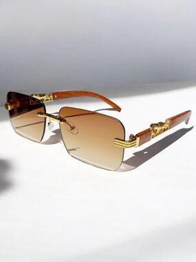 Wood Grain!!Rimless Brown Gradient Sunglasses with Gold Accents!!